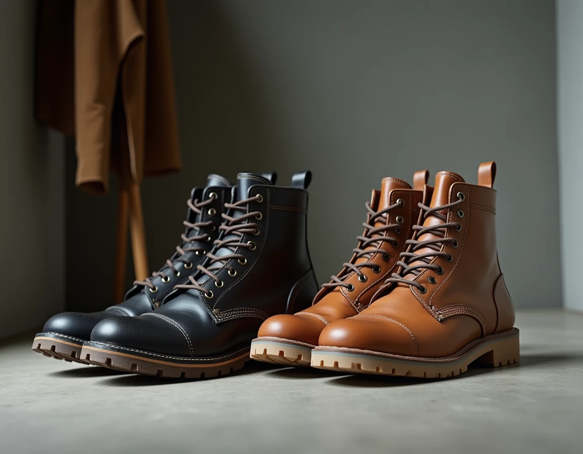 Comparaison de deux paires de rangers homme, une usée avec coutures abîmées et une neuve en cuir caramel, posées sur béton
