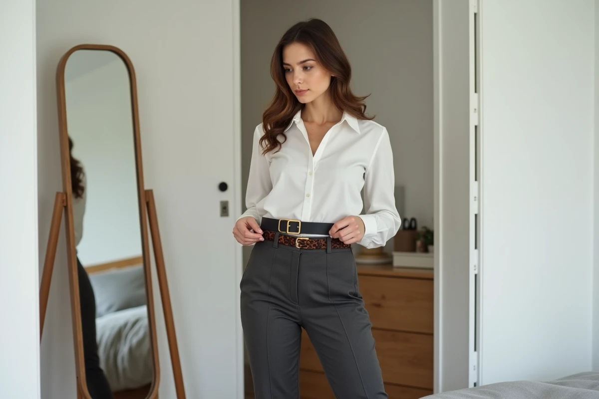 Femme comparant deux ceintures de largeurs différentes devant un miroir avec un pantalon droit anthracite