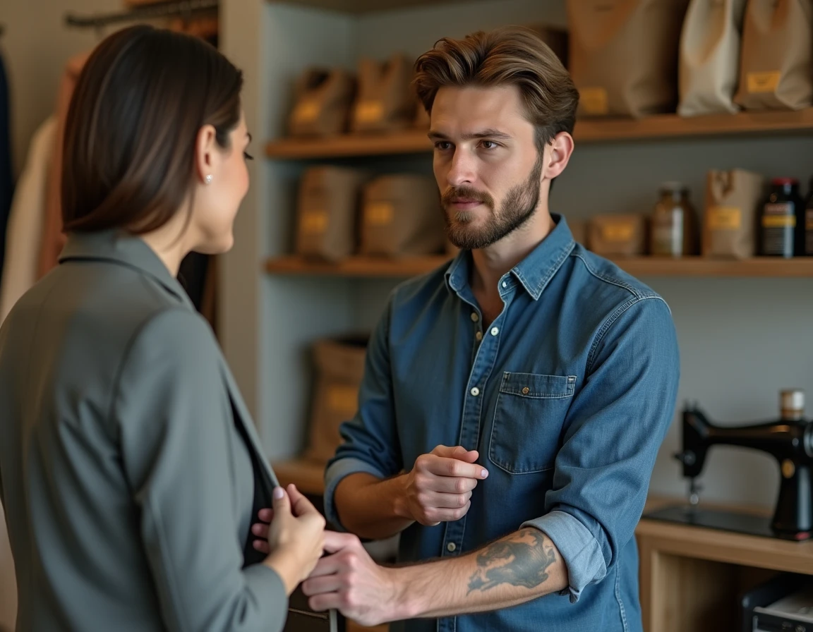 Tailleur conseillant une cliente sur le prix d'une retouche de veste dans une boutique de couture urbaine