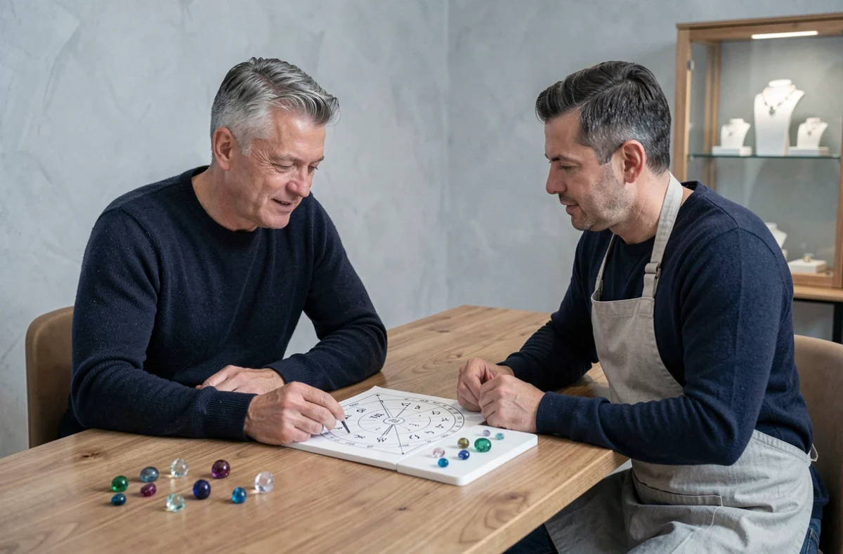 Homme consultant un gemmologue pour choisir une pierre précieuse adaptée à son signe astrologique dans un studio de bijouterie moderne