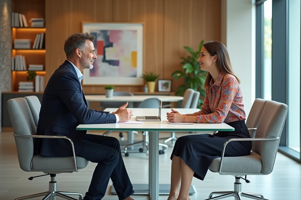 Deux collègues discutant dans un espace de réunion