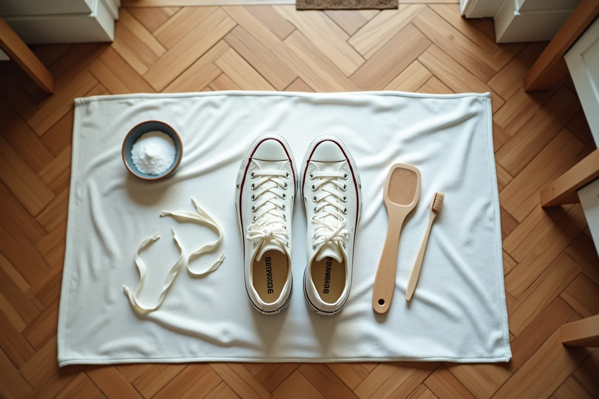 Paire de Converse blanches posées sur une serviette avec du bicarbonate et une brosse pour un nettoyage rapide