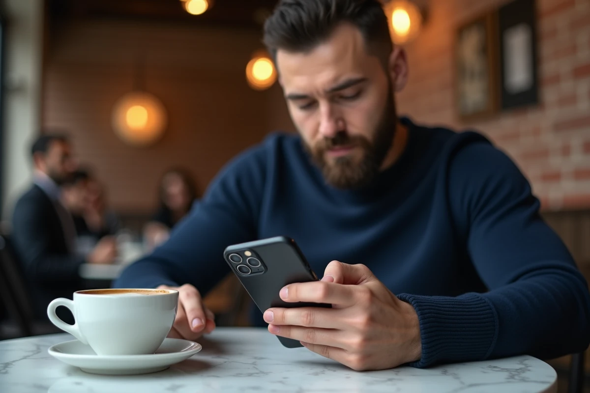 Homme posant un iPhone 15 Pro avec coque personnalisée en cuir noir sur une table en marbre dans un café