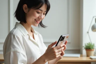 Femme tenant un iPhone 15 Pro avec une coque personnalisée à motif floral sur un bureau en bois clair