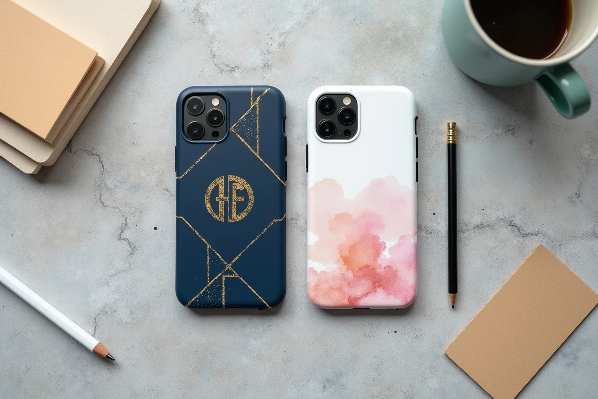 Deux coques iPhone 15 Pro personnalisées en flat lay sur béton gris avec accessoires de bureau minimalistes