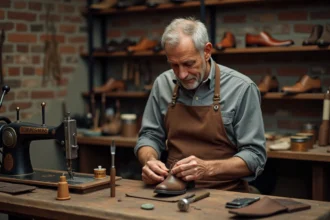 Cordonnier en tablier de cuir réparant une botte en cuir dans un atelier artisanal traditionnel
