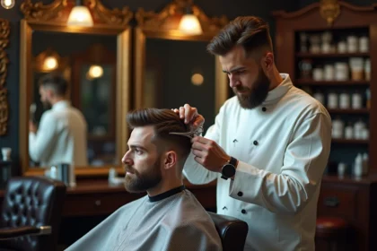 Coiffeur professionnel réalisant une coupe couronne sur un client dans un salon de coiffure vintage avec miroir en laiton