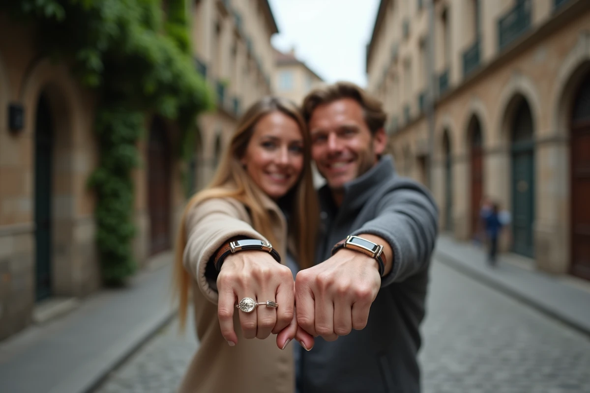 Couple affichant leurs bracelets assortis en cuir et acier dans une rue pavée, symbole de lien amoureux durable