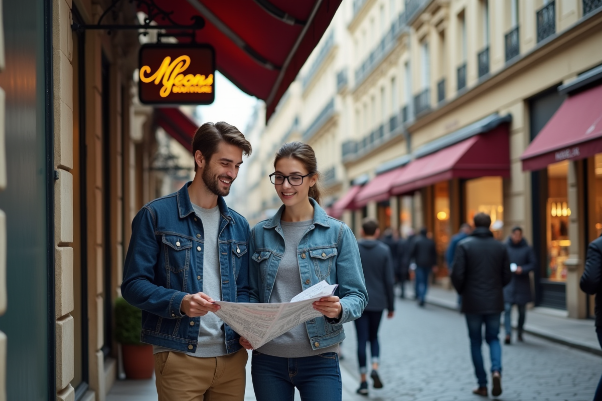 Jeune couple avec carte dans une rue parisienne animée