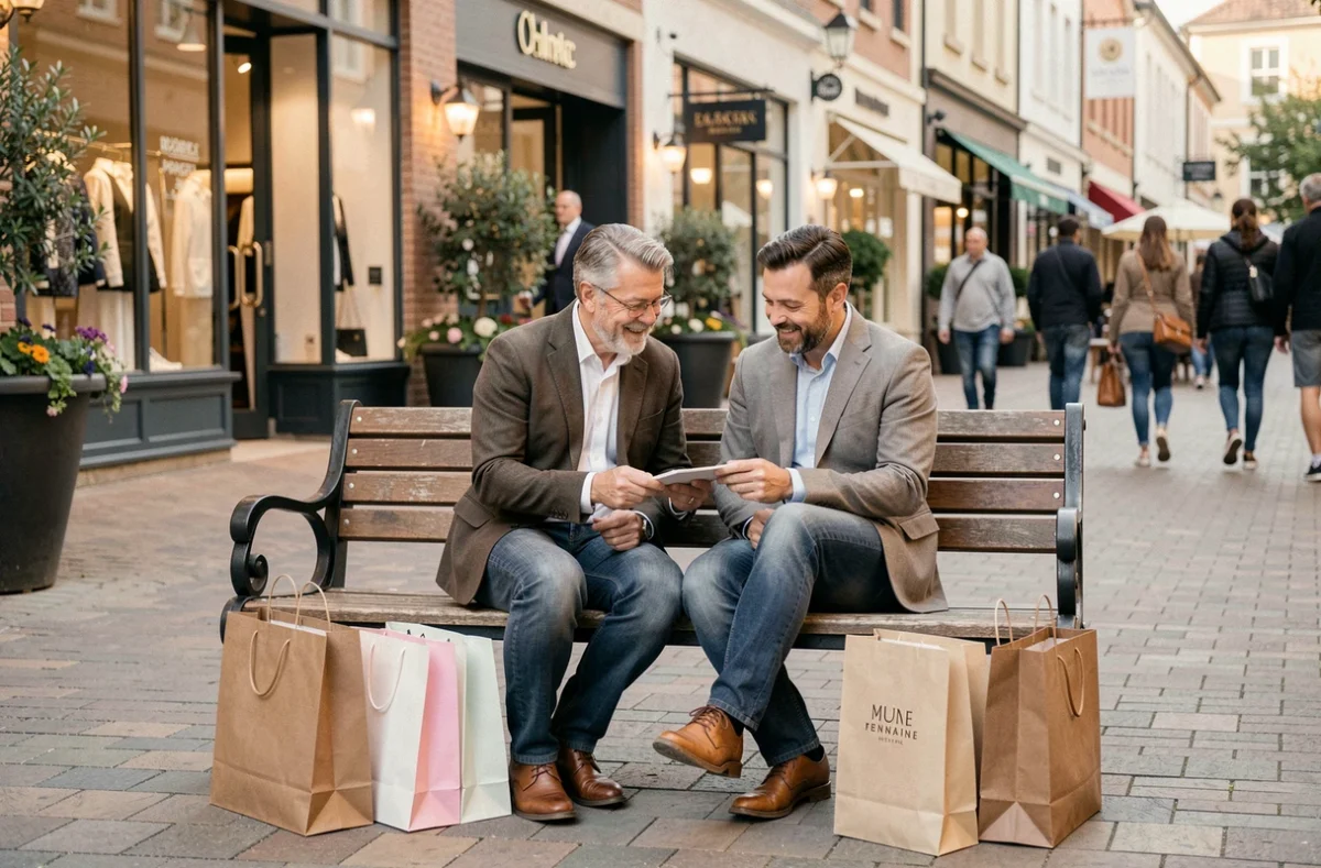 Couple faisant une pause shopping avec des sacs de marques dans un village outlet près de Miramas
