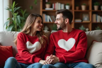 Couple souriant en sweaters de Saint Valentin chaleureux