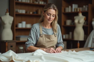 Couturière expérimentée réalisant des retouches sur une robe de mariée en atelier de couture professionnel