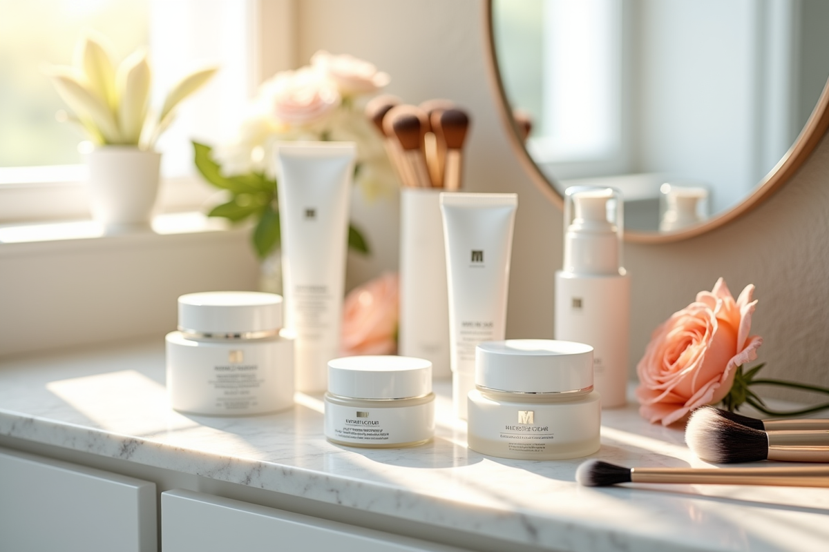 Crèmes hydratantes sur un vanity avec accessoires de beauté