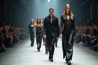 Groupe de mannequins divers défilant en mode futuriste dans un défilé élégant