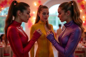 Trois femmes déguisées en espionnes colorées vérifient leurs costumes avant une soirée déguisée Totally Spies