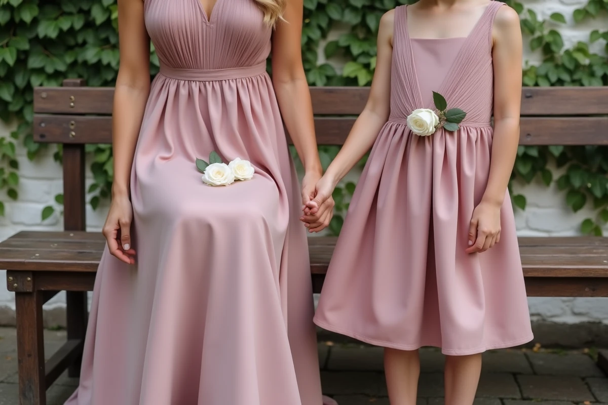 Détail des robes de demoiselles d'honneur adulte et enfant en crepe mauve assorties posées sur un banc en bois