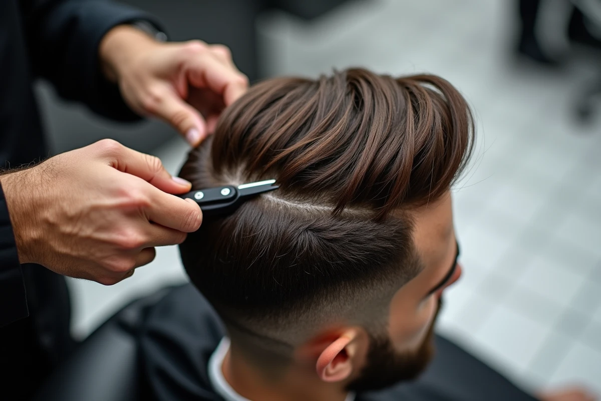 Gros plan sur la technique de coupe couronne masculine montrant les mains du coiffeur et le travail de ciseaux au sommet du crâne