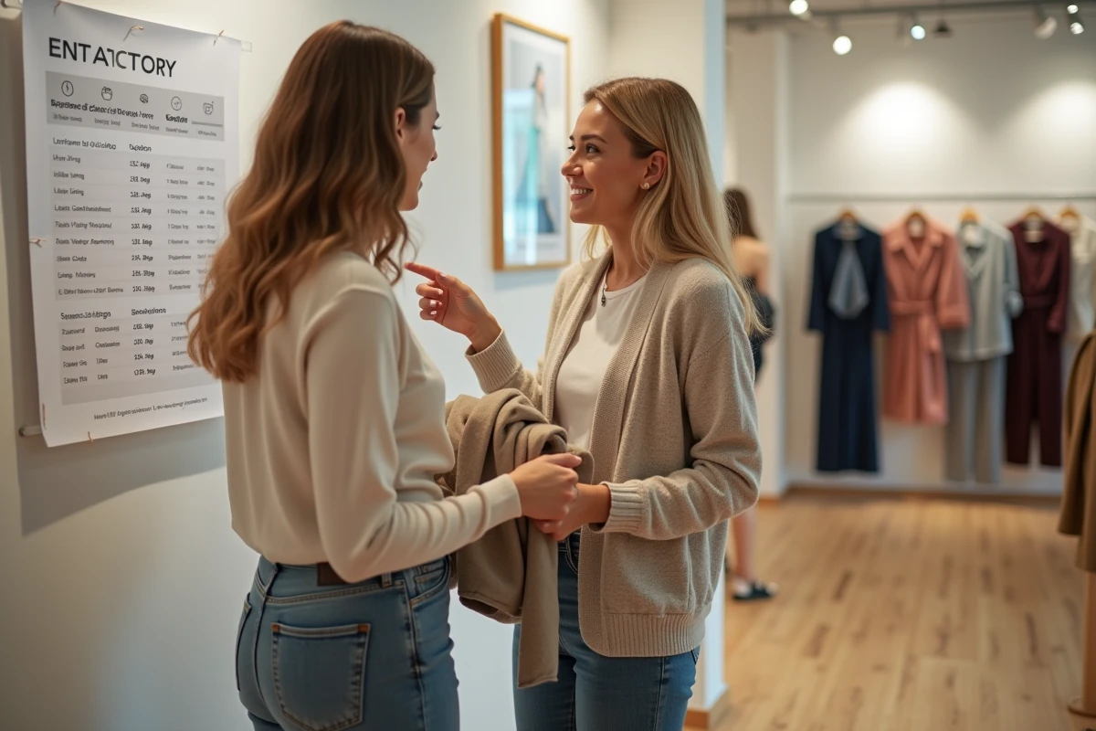 Deux femmes en boutique comparant un guide des tailles pour bien choisir leurs vêtements