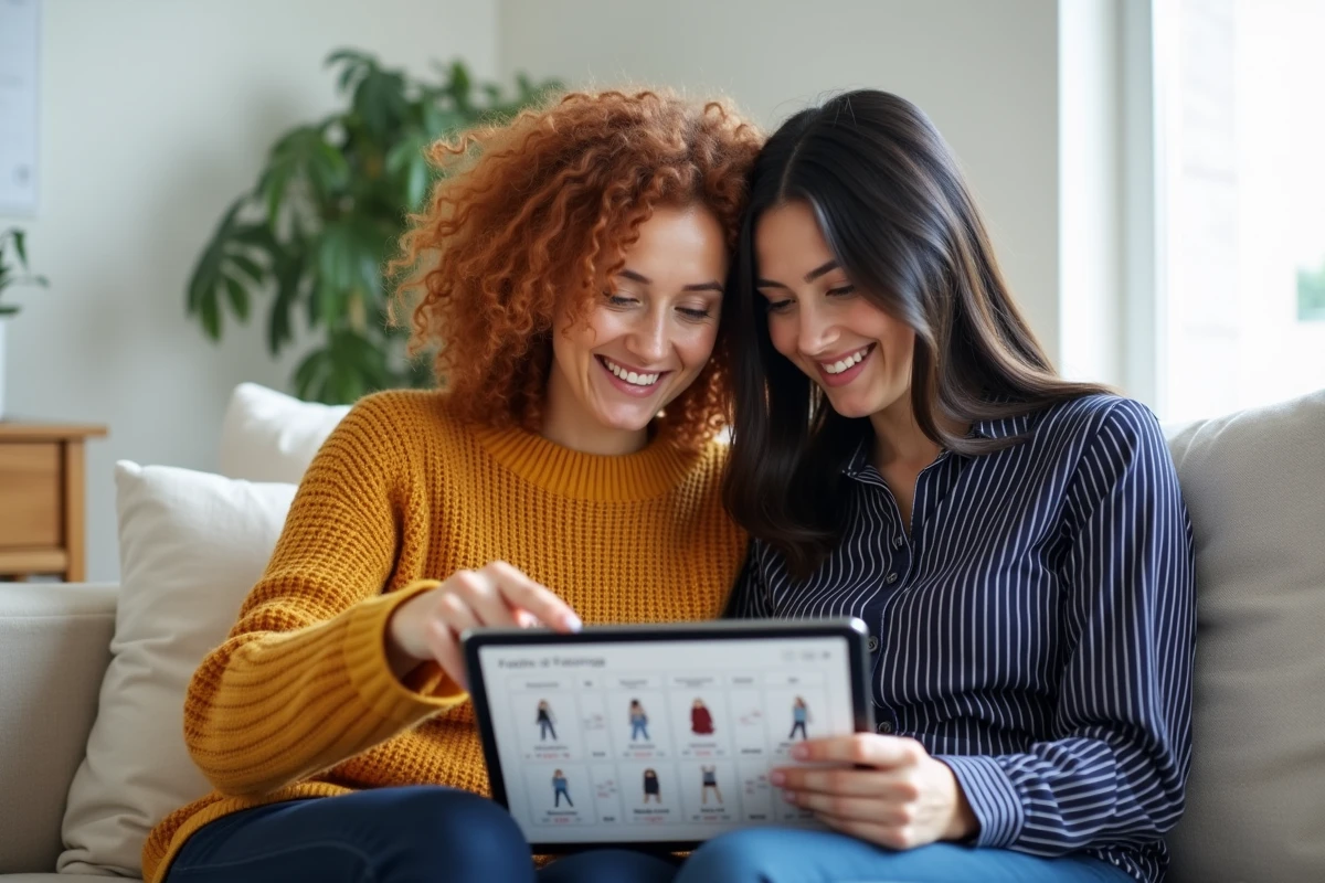 Deux femmes consultant ensemble un guide de conversion de tailles de vêtements sur tablette pour faire des achats mode en ligne