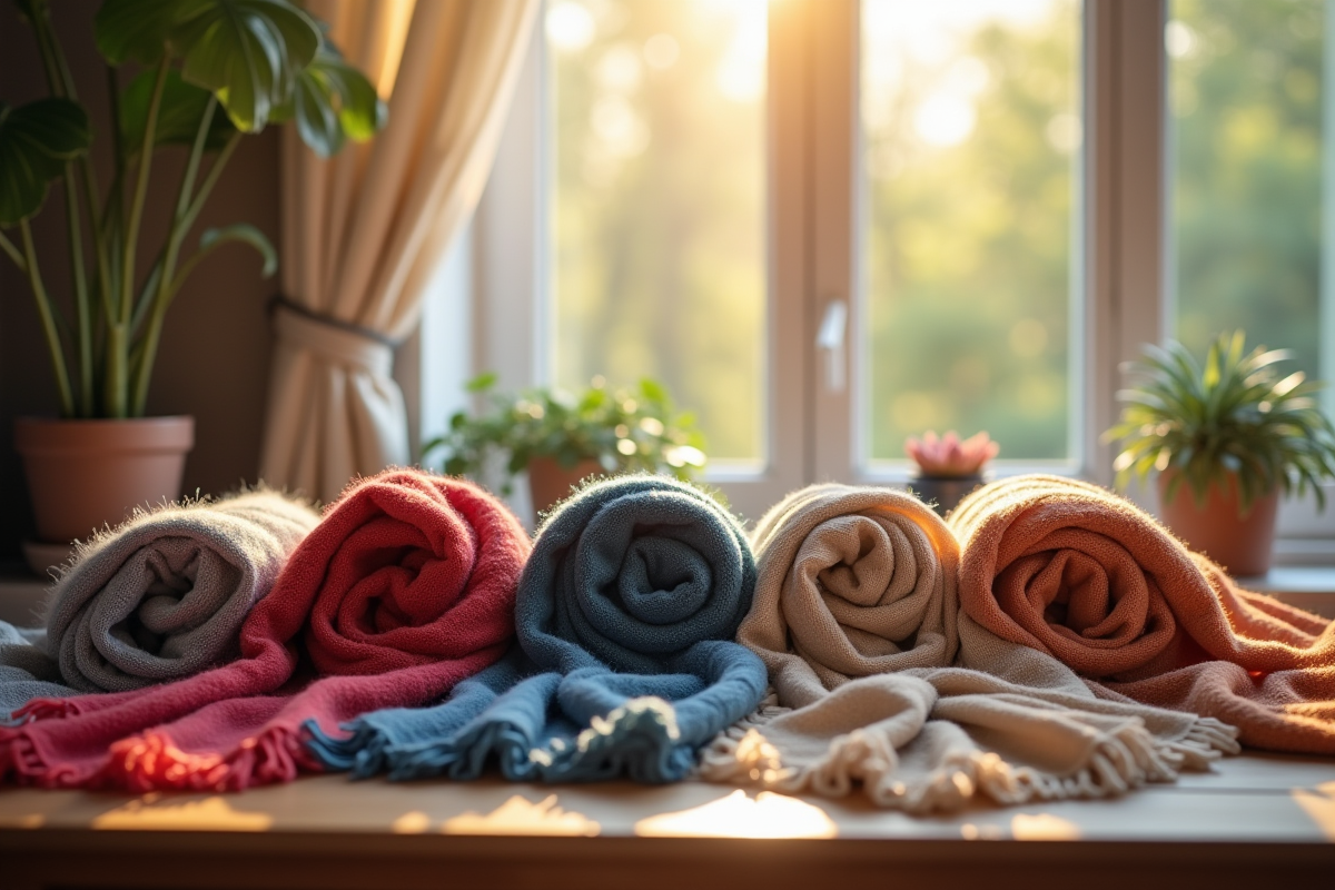 Sélection de echarpes en tissu de qualité sur une table en bois