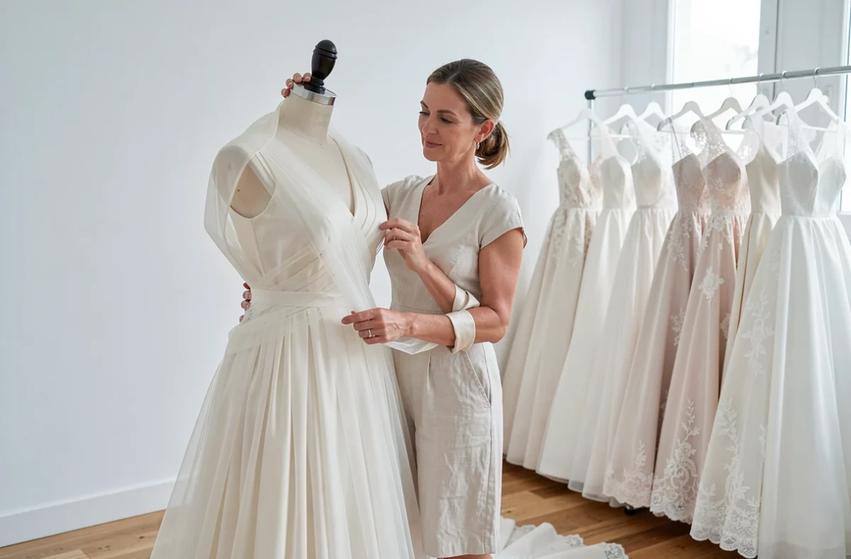 Créatrice drapant du tulle de soie sur un mannequin de robe de mariée sur mesure dans l'atelier Elodie Groux à Troyes