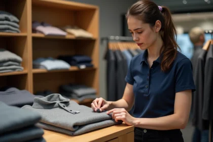 Employée de magasin examinant un antivol à encre fixé sur un pull en laine dans un commerce de vêtements