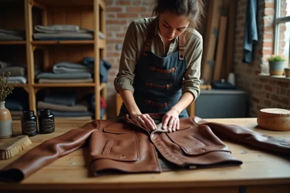 Femme entretenant une veste en cuir vintage marron avec un chiffon et des produits de soin sur une table en bois