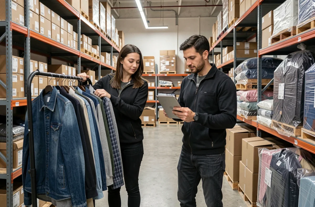 Deux employés de magasin collaborant à l'organisation des stocks en réserve, travail en équipe et compétences pratiques sans diplôme