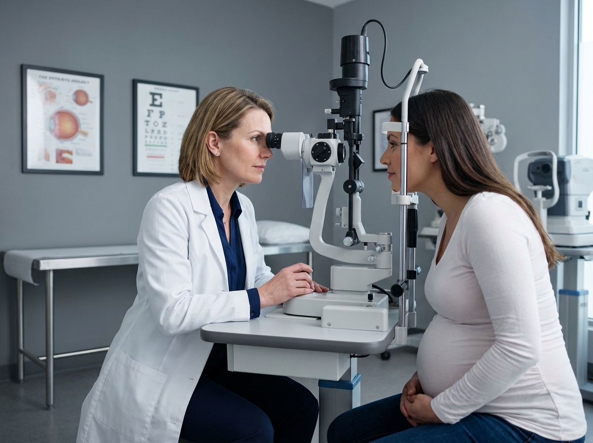 Ophtalmologue examinant les yeux d'une femme enceinte lors d'un bilan visuel prénatal