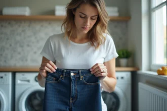 Femme tenant un jean en denim indigo dans une buanderie moderne, examinant le tissu avant de le faire rétrécir sans couture
