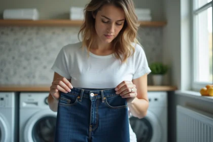 Femme tenant un jean en denim indigo dans une buanderie moderne, examinant le tissu avant de le faire rétrécir sans couture