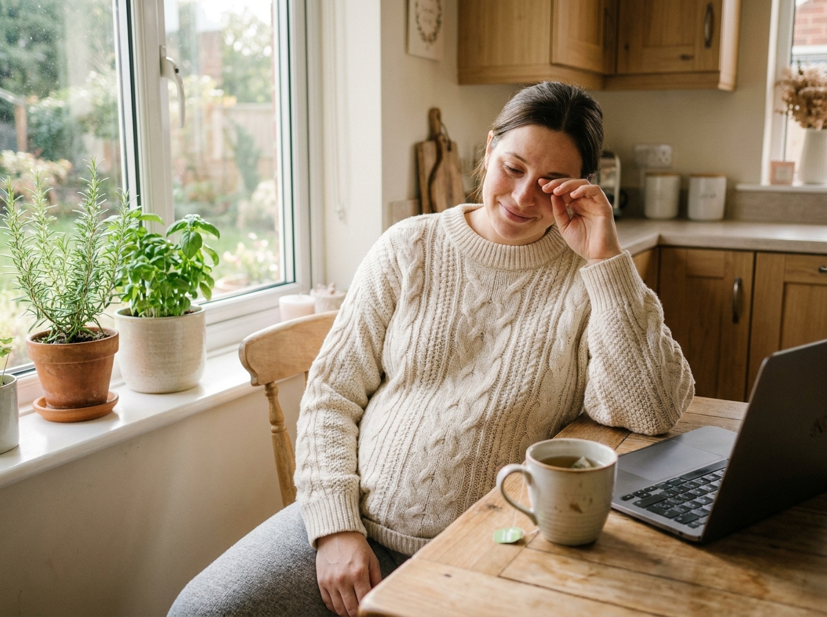 Femme enceinte se frottant les yeux à cause de la fatigue visuelle pendant la grossesse