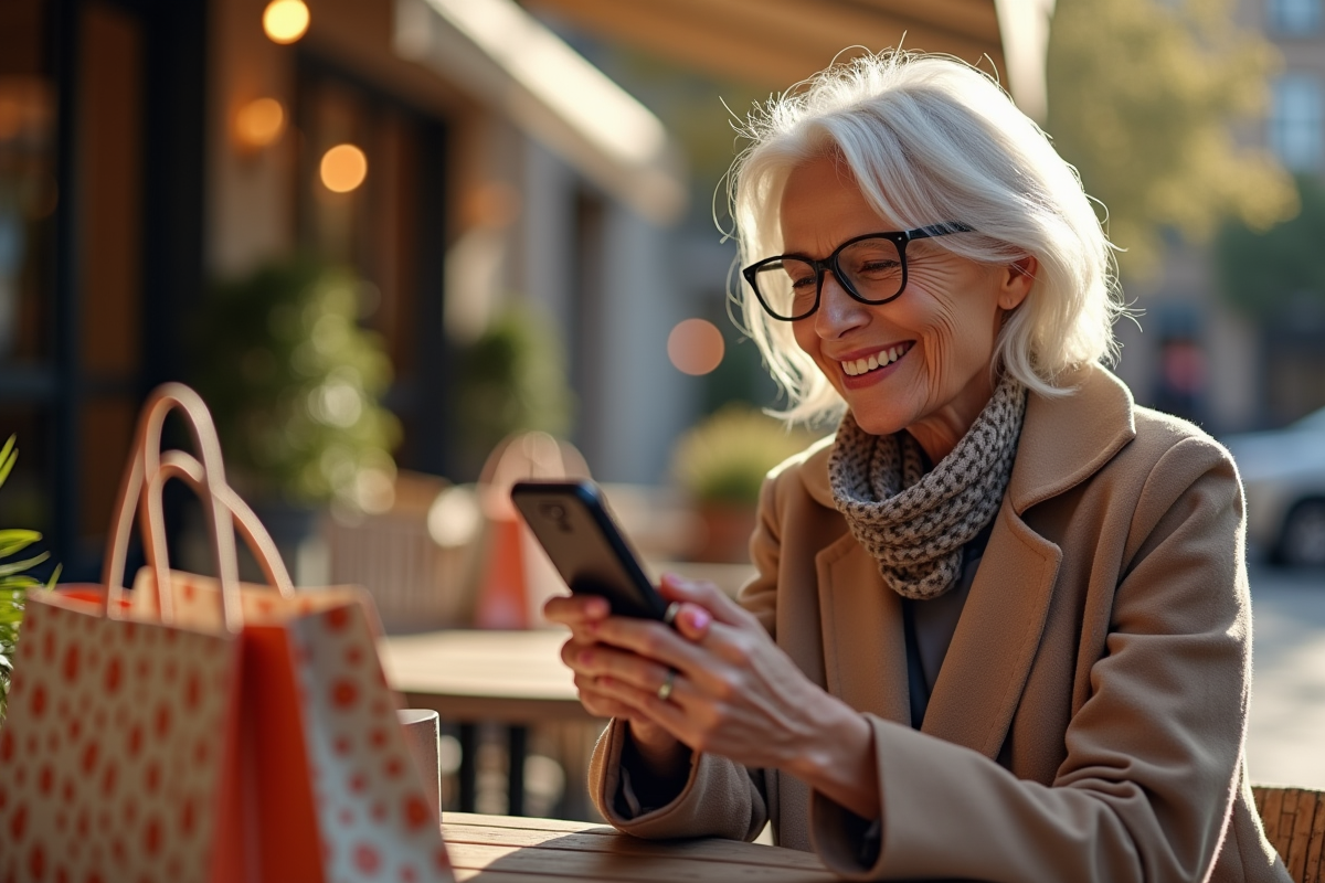 Femme agee souriante utilisant son smartphone pour naviguer sur Zalando