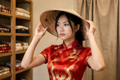 Jeune femme asiatique en qipao rouge essayant un chapeau conique traditionnel dans une boutique de costumes culturels