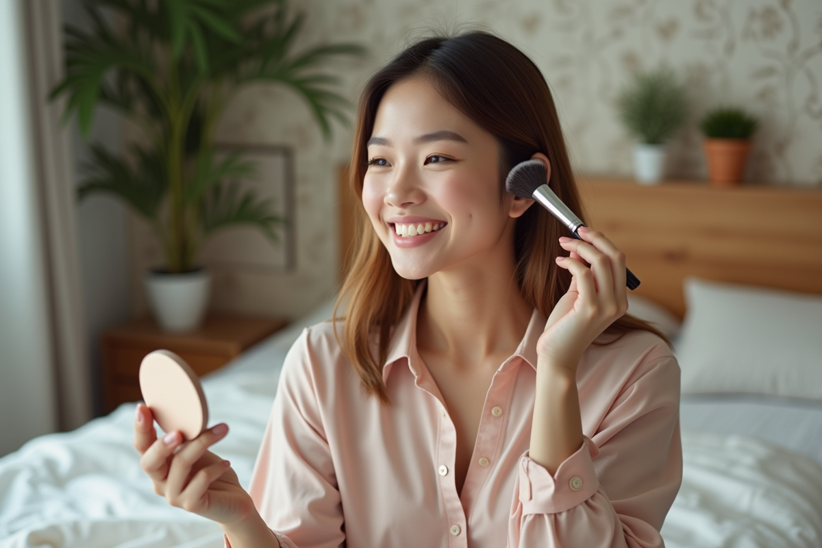 Femme appliquant du bronzer dans une chambre lumineuse