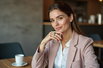 Femme élégante portant un blazer pastel et une bague