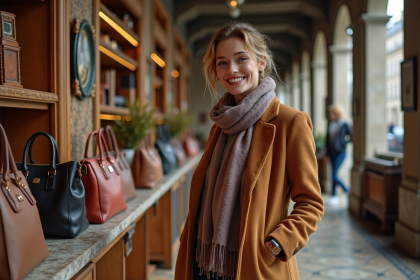 Femme élégante dans une boutique parisienne avec sacs artisanaux