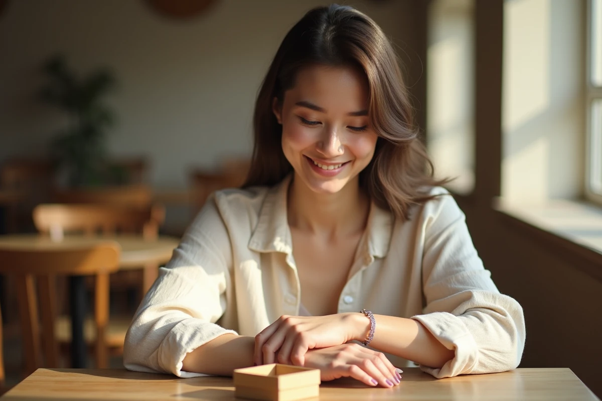 Femme portant un bracelet d'amour en argent dans un café, avec un coffret cadeau pour couple posé sur la table
