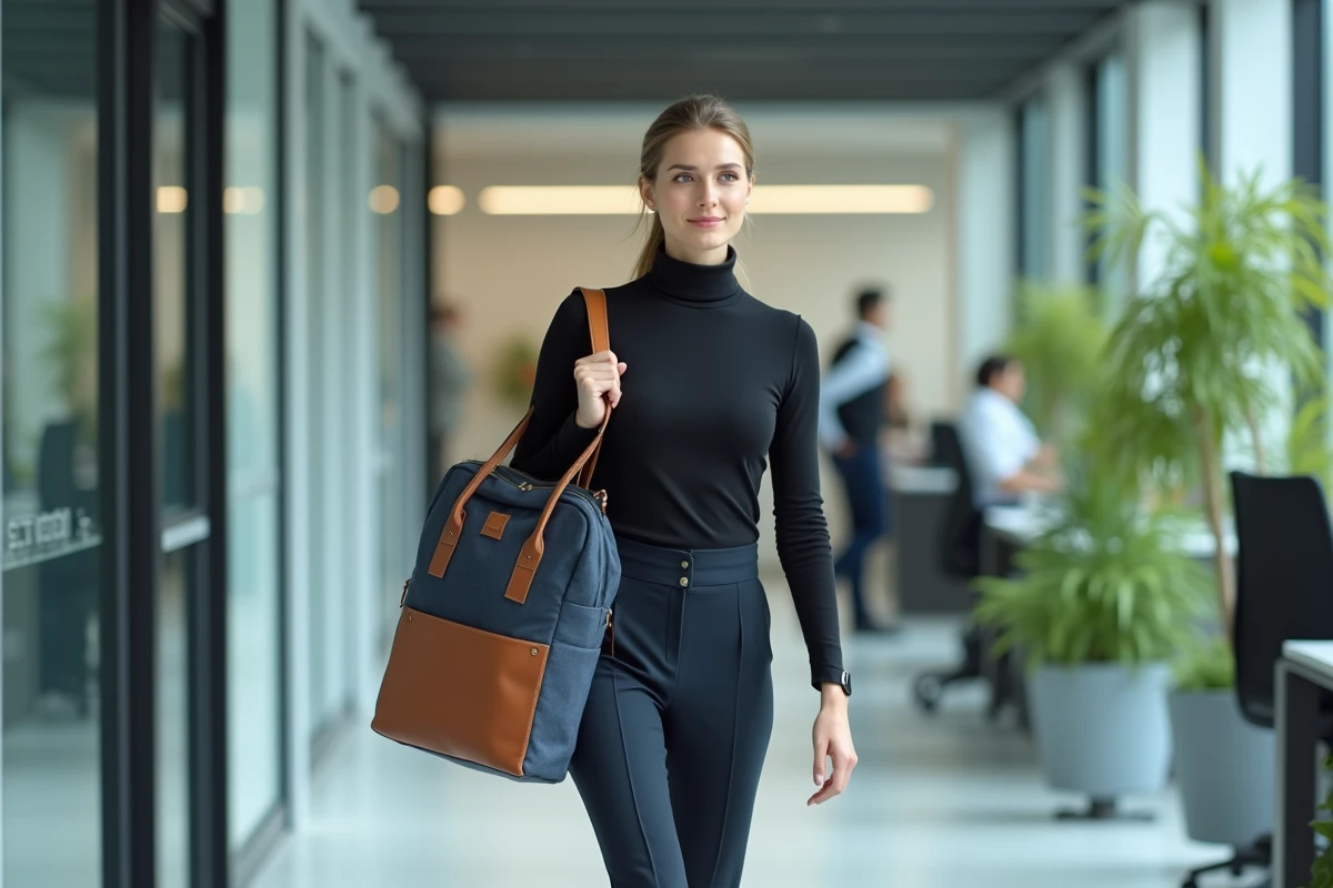 Femme professionnelle marchant dans un open space avec un grand sac convertible polyvalent pour le bureau