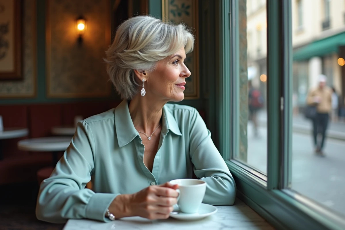 Femme élégante regardant par la fenêtre d