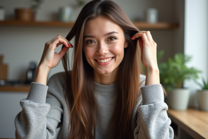 Jeune femme aux cheveux longs et brillants avec sourire naturel