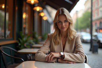 Femme élégante ajustant sa montre au café en ville