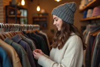 Jeune femme choisissant un bonnet abordable dans une boutique de vêtements indépendante