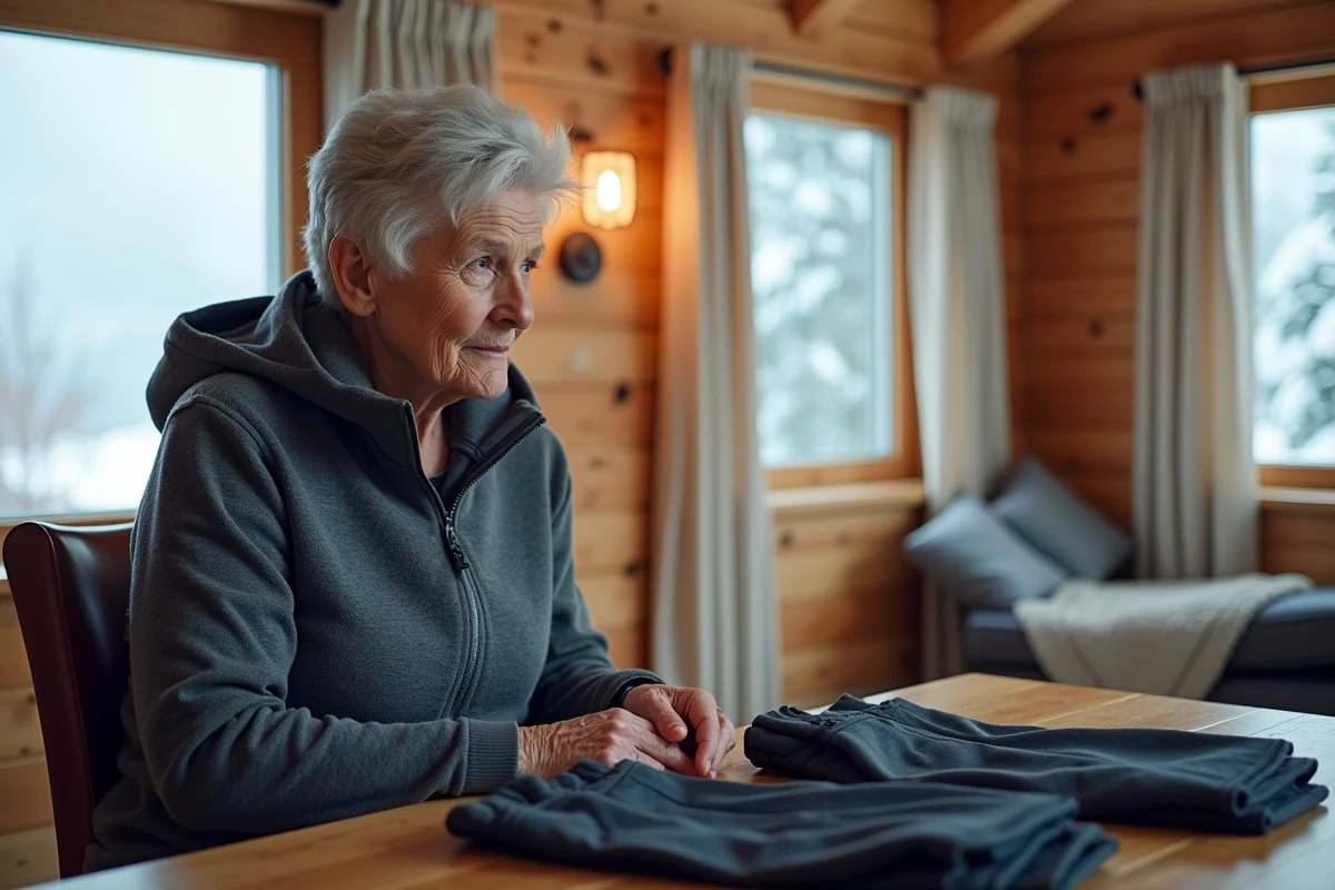 Femme plus âgée compare deux pantalons de ski en intérieur