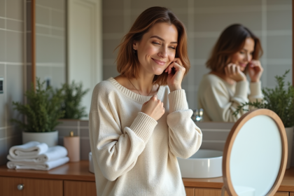 Femme d'âge moyen dans un miroir en salle de bain moderne