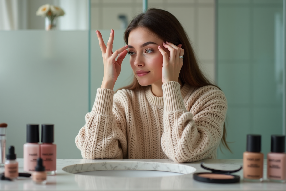 Jeune femme montrant une technique de contouring dans la salle de bain