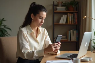 Femme consultant un convertisseur de taille vêtement sur smartphone lors d'un achat mode en ligne depuis son bureau