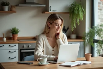 Femme réfléchissant devant son ordinateur dans une cuisine lumineuse