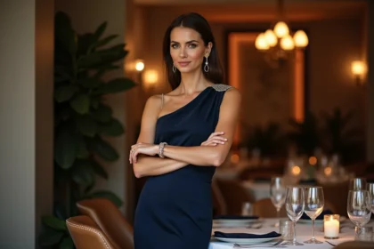 Femme en robe élégante ajustant son bracelet lors d'une soirée festive