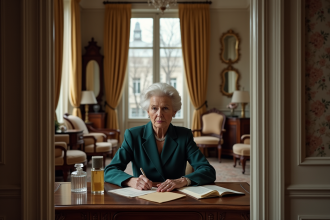 Femme âgée élégante en costume classique dans un appartement parisien